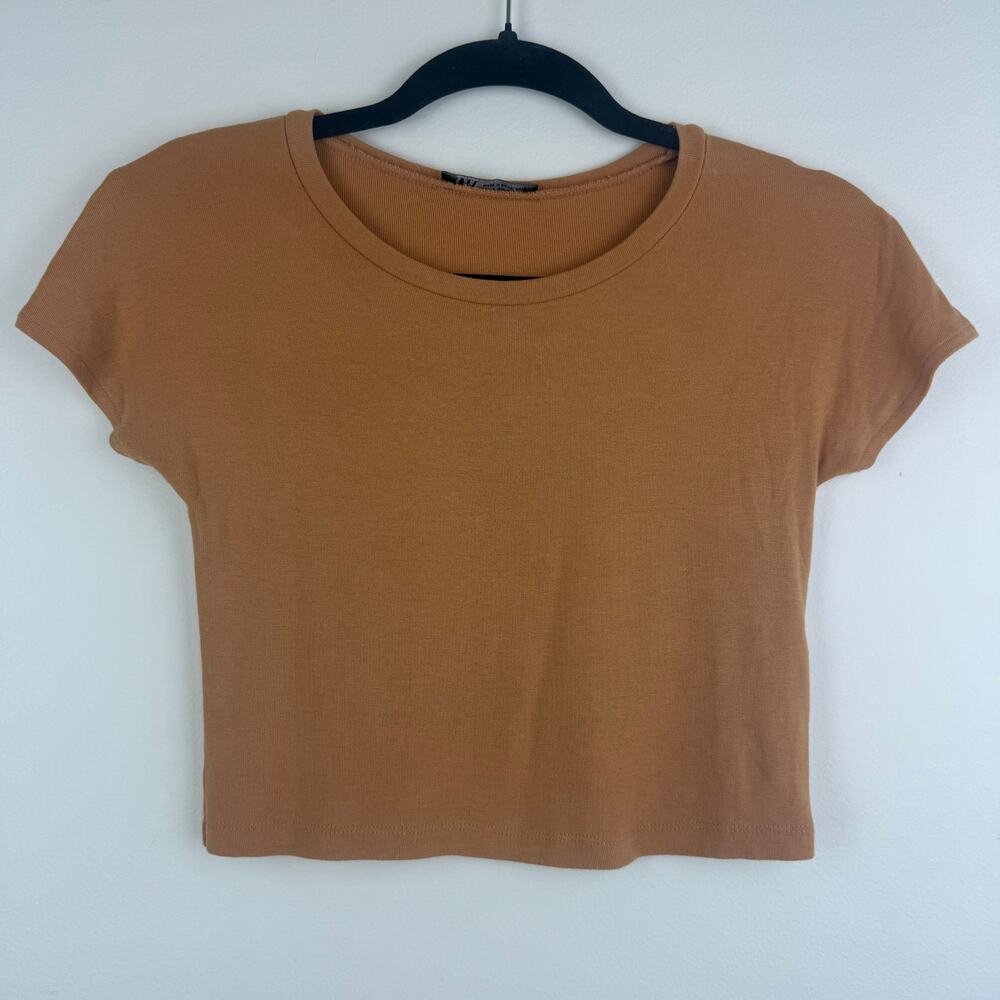 Zara Womens Crewneck Viscose Blend Stretchy Casual Cropped Orange T-Shirt Small
